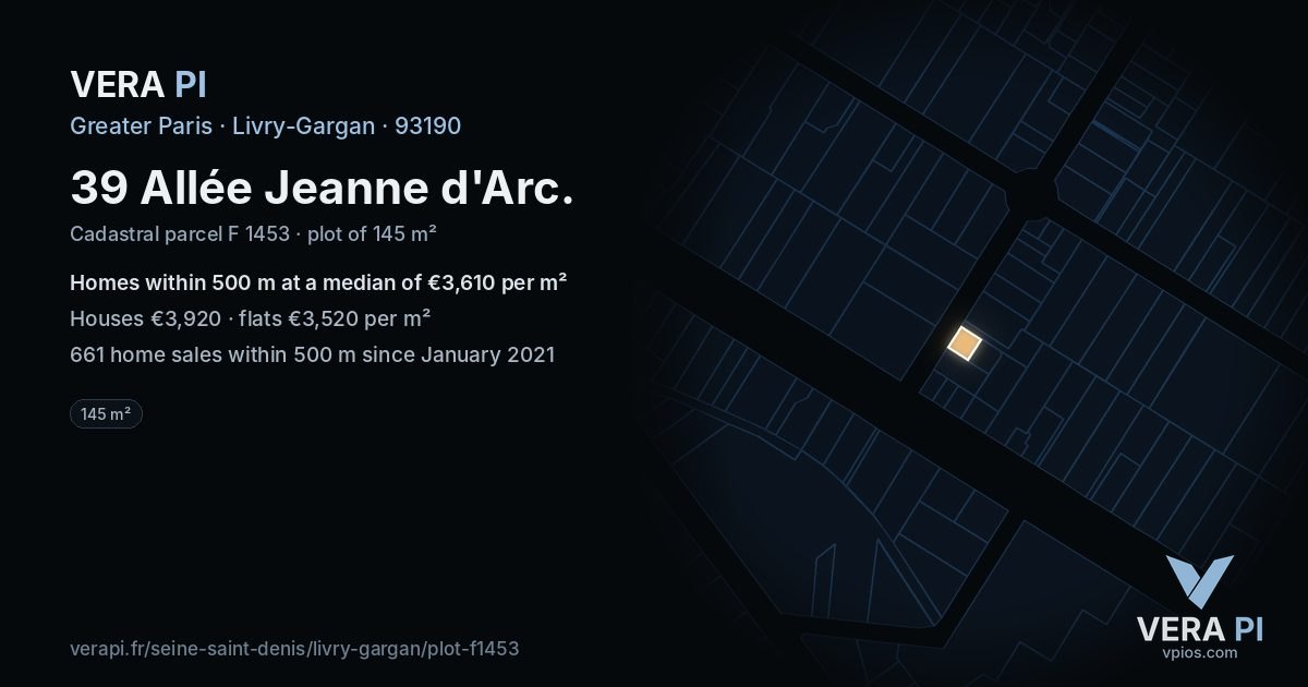 39 Allée Jeanne d'Arc, Livry-Gargan at night – the plot lit, the parcels around coloured by the prices near them