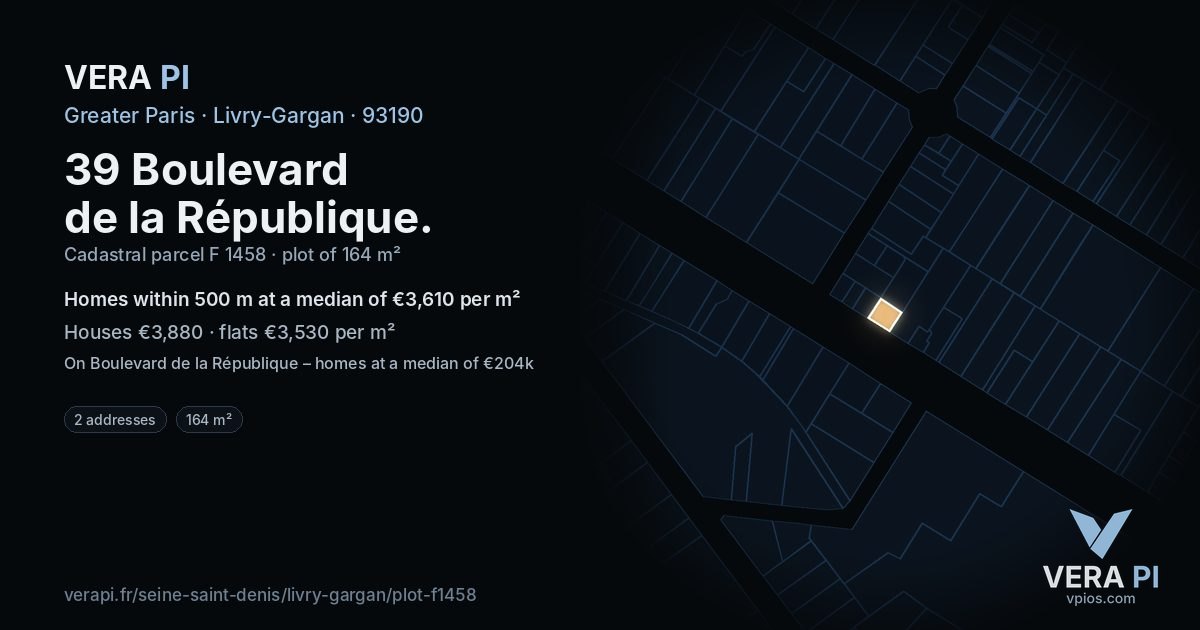 39 Boulevard de la République, Livry-Gargan at night – the plot lit, the parcels around coloured by the prices near them