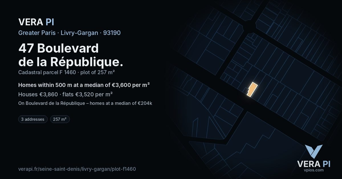47 Boulevard de la République, Livry-Gargan at night – the plot lit, the parcels around coloured by the prices near them