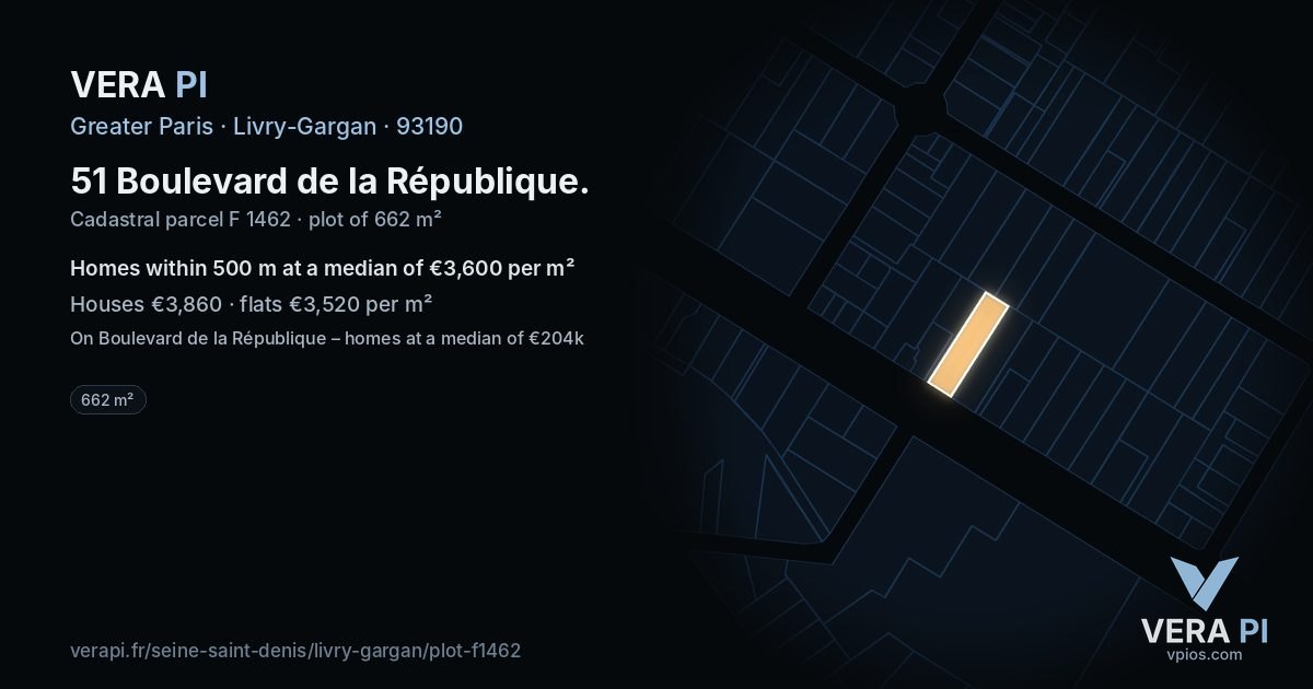 51 Boulevard de la République, Livry-Gargan at night – the plot lit, the parcels around coloured by the prices near them