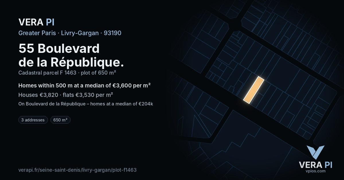 55 Boulevard de la République, Livry-Gargan at night – the plot lit, the parcels around coloured by the prices near them