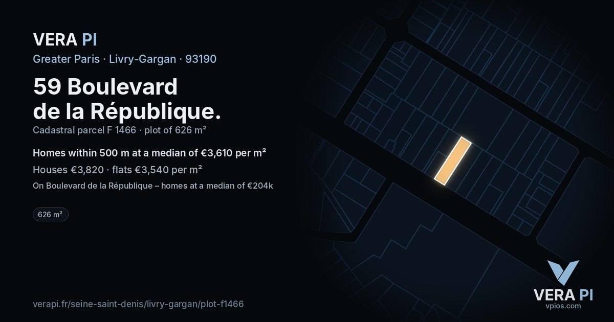 59 Boulevard de la République, Livry-Gargan at night – the plot lit, the parcels around coloured by the prices near them