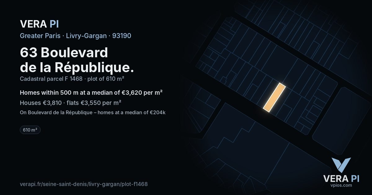 63 Boulevard de la République, Livry-Gargan at night – the plot lit, the parcels around coloured by the prices near them