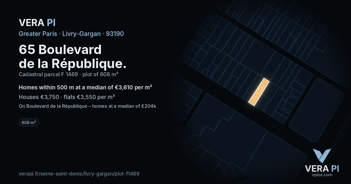 65 Boulevard de la République, Livry-Gargan at night – the plot lit, the parcels around coloured by the prices near them