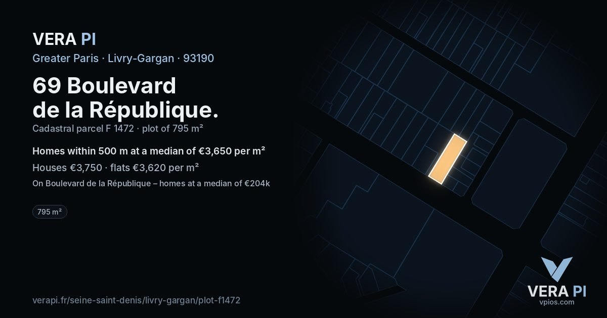 69 Boulevard de la République, Livry-Gargan at night – the plot lit, the parcels around coloured by the prices near them