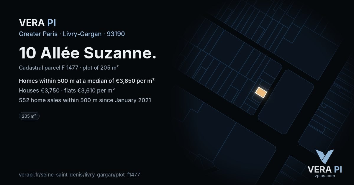 10 Allée Suzanne, Livry-Gargan at night – the plot lit, the parcels around coloured by the prices near them