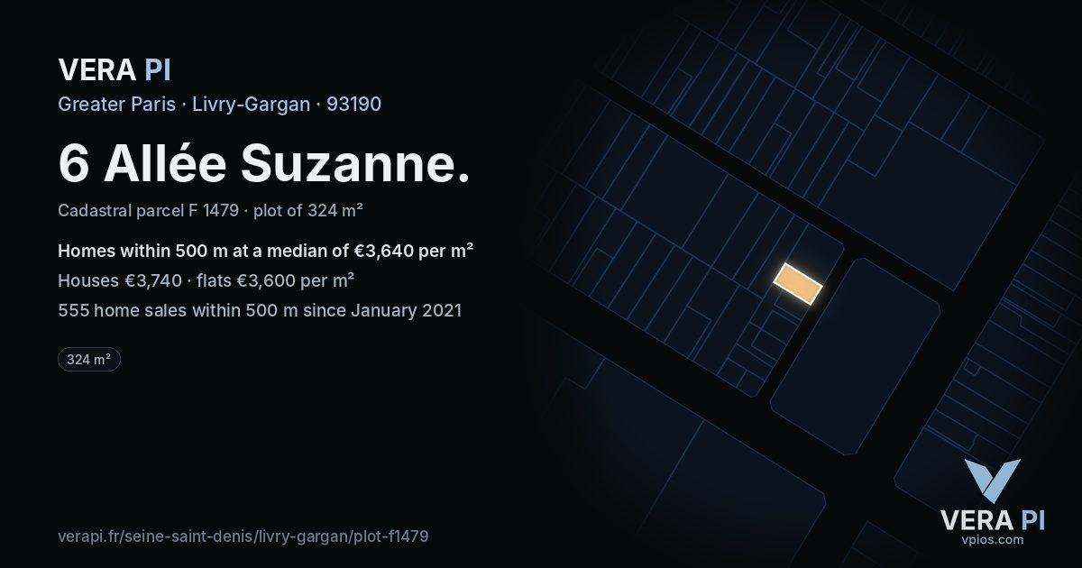 6 Allée Suzanne, Livry-Gargan at night – the plot lit, the parcels around coloured by the prices near them