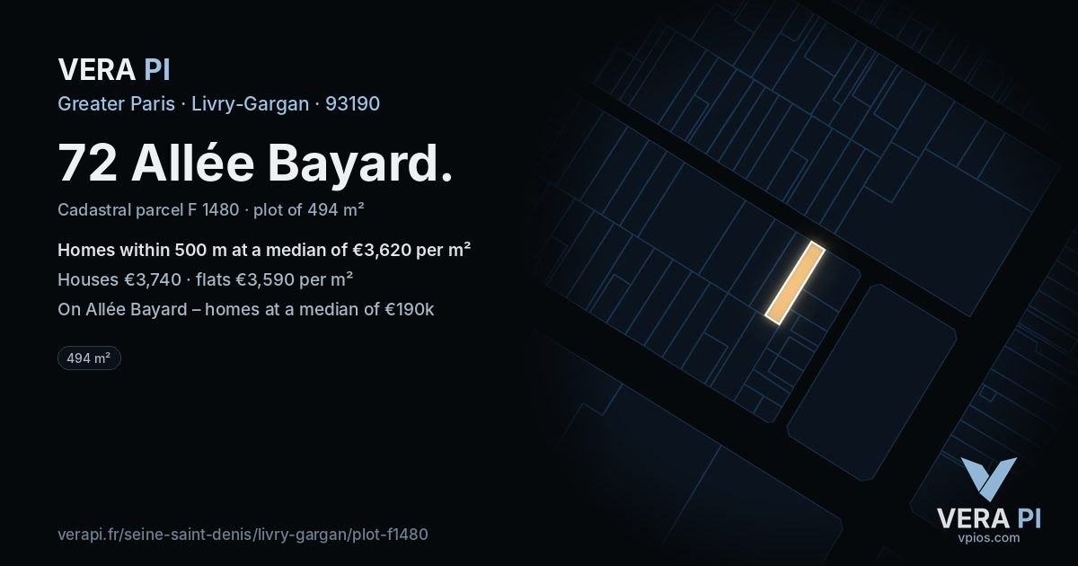 72 Allée Bayard, Livry-Gargan at night – the plot lit, the parcels around coloured by the prices near them