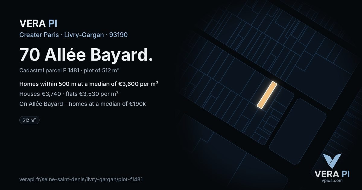 70 Allée Bayard, Livry-Gargan at night – the plot lit, the parcels around coloured by the prices near them