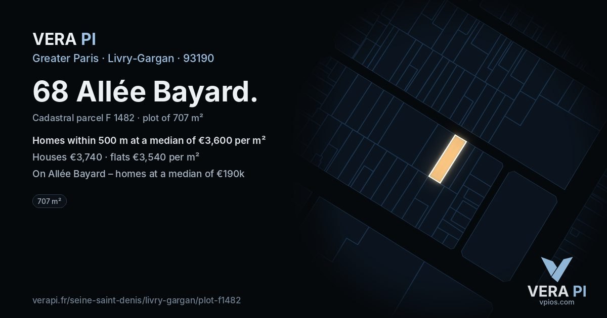 68 Allée Bayard, Livry-Gargan at night – the plot lit, the parcels around coloured by the prices near them