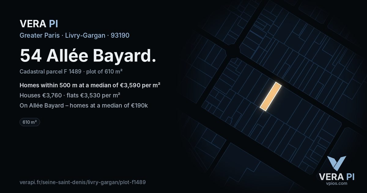54 Allée Bayard, Livry-Gargan at night – the plot lit, the parcels around coloured by the prices near them