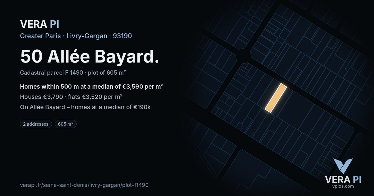 50 Allée Bayard, Livry-Gargan at night – the plot lit, the parcels around coloured by the prices near them