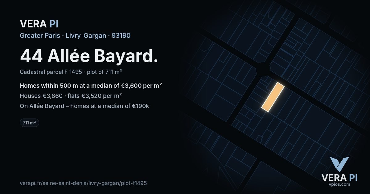 44 Allée Bayard, Livry-Gargan at night – the plot lit, the parcels around coloured by the prices near them