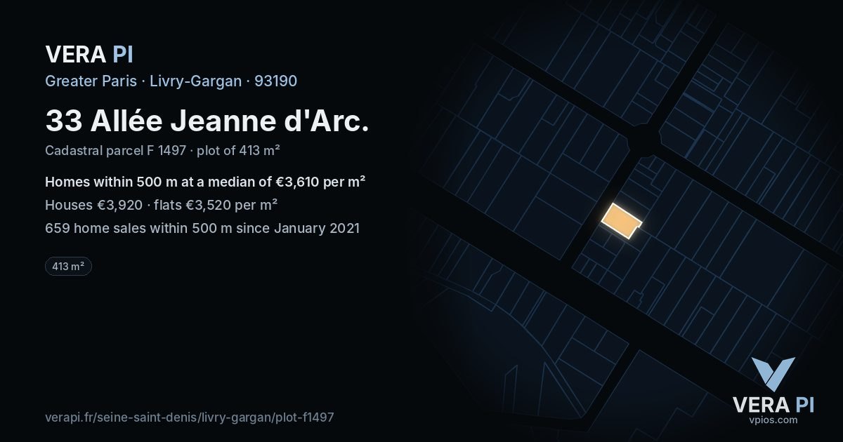 33 Allée Jeanne d'Arc, Livry-Gargan at night – the plot lit, the parcels around coloured by the prices near them