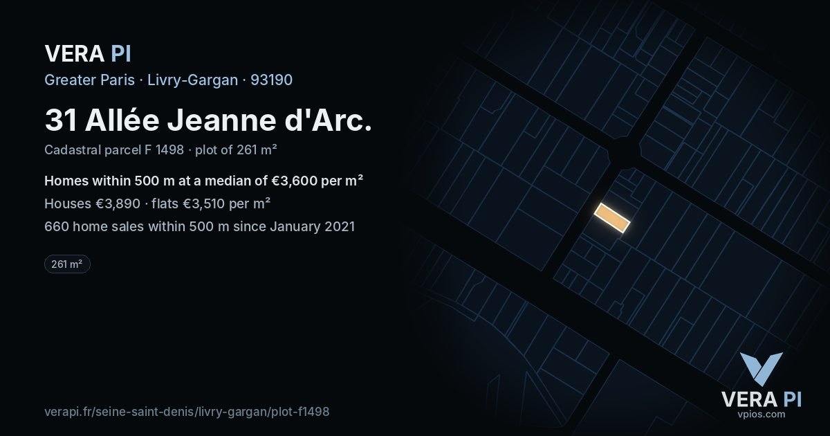31 Allée Jeanne d'Arc, Livry-Gargan at night – the plot lit, the parcels around coloured by the prices near them