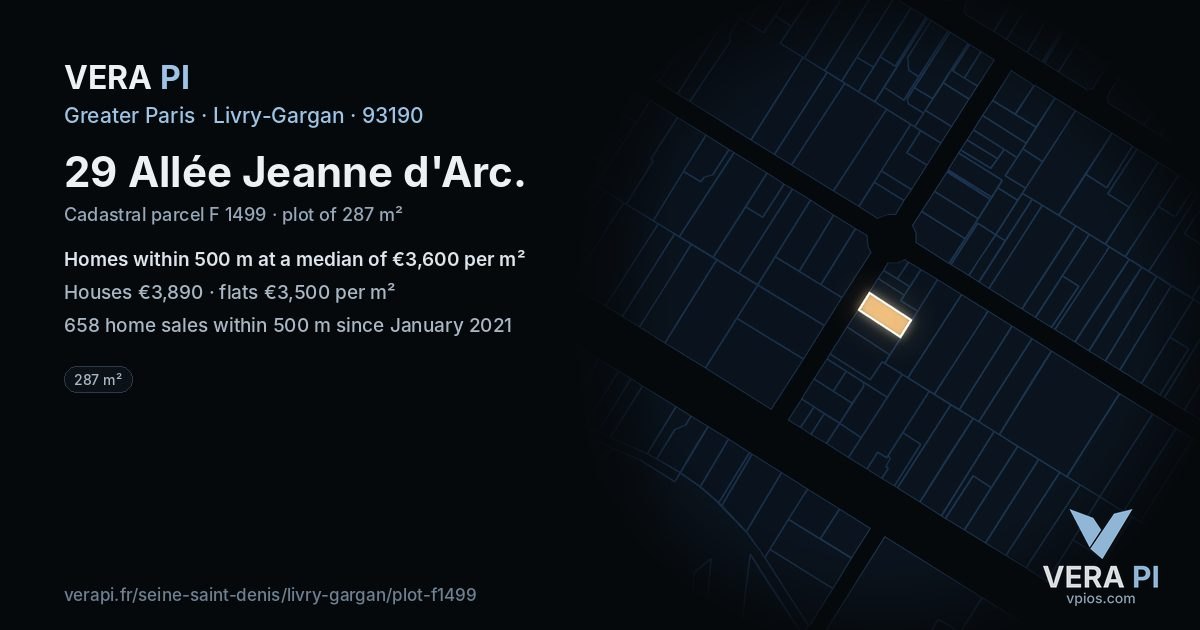 29 Allée Jeanne d'Arc, Livry-Gargan at night – the plot lit, the parcels around coloured by the prices near them