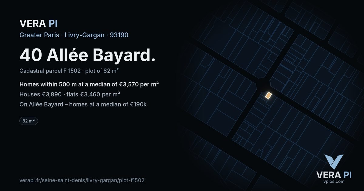 40 Allée Bayard, Livry-Gargan at night – the plot lit, the parcels around coloured by the prices near them