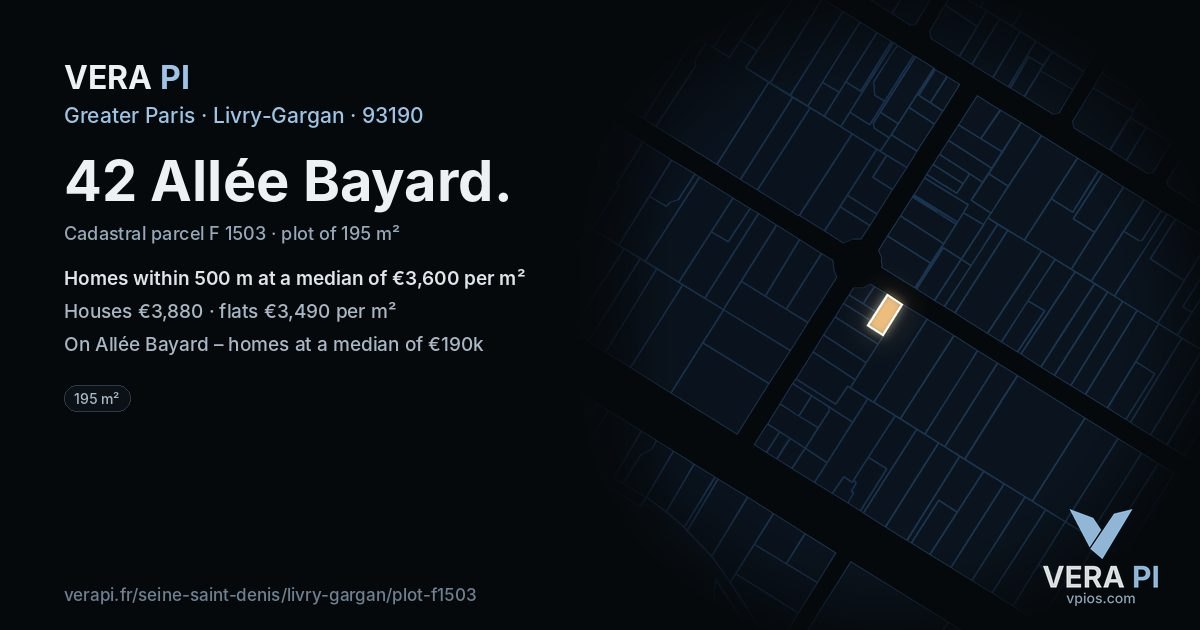 42 Allée Bayard, Livry-Gargan at night – the plot lit, the parcels around coloured by the prices near them
