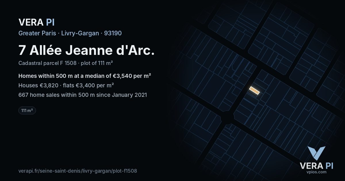 7 Allée Jeanne d'Arc, Livry-Gargan at night – the plot lit, the parcels around coloured by the prices near them