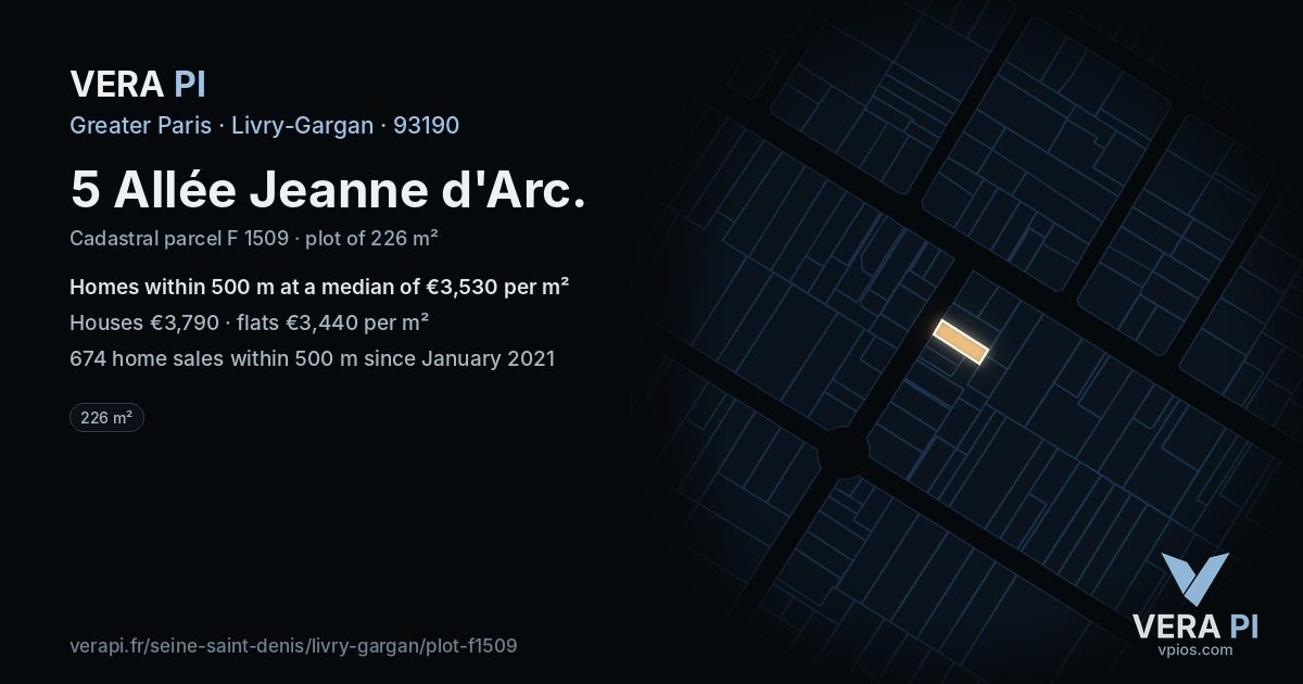5 Allée Jeanne d'Arc, Livry-Gargan at night – the plot lit, the parcels around coloured by the prices near them