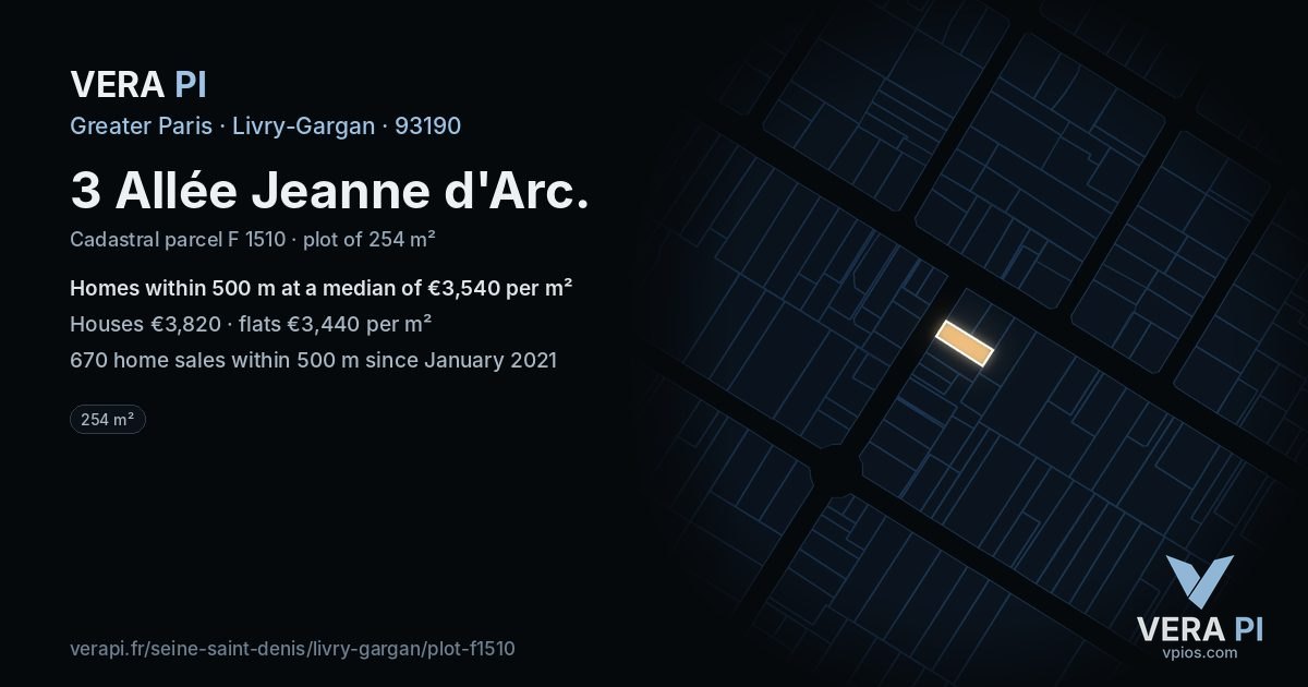 3 Allée Jeanne d'Arc, Livry-Gargan at night – the plot lit, the parcels around coloured by the prices near them