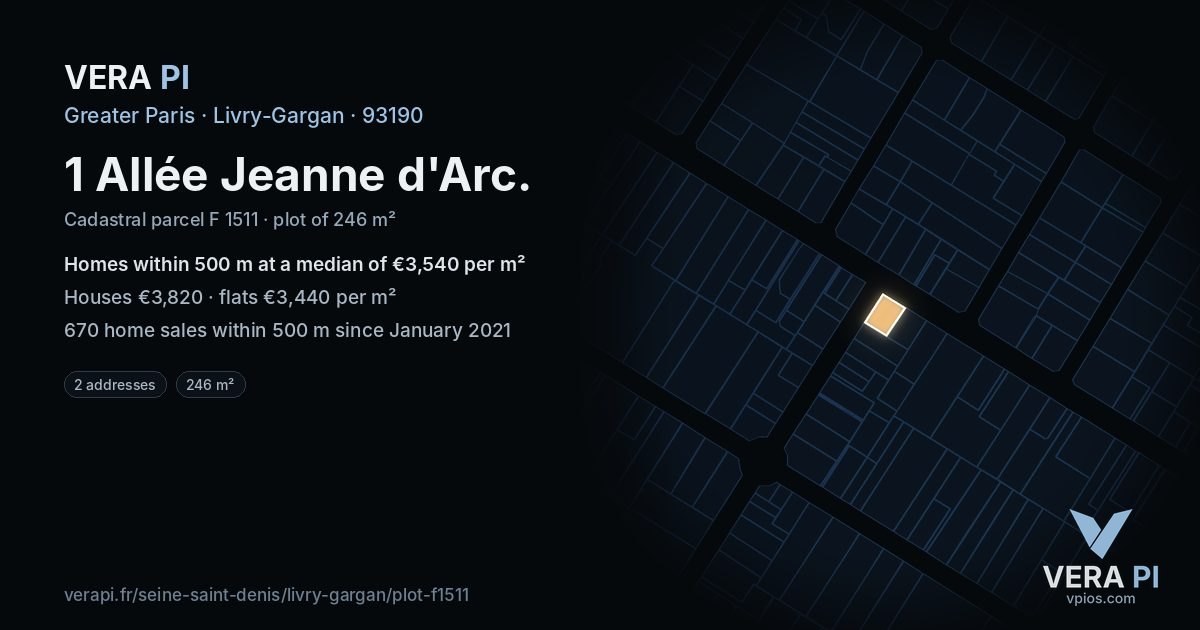 1 Allée Jeanne d'Arc, Livry-Gargan at night – the plot lit, the parcels around coloured by the prices near them