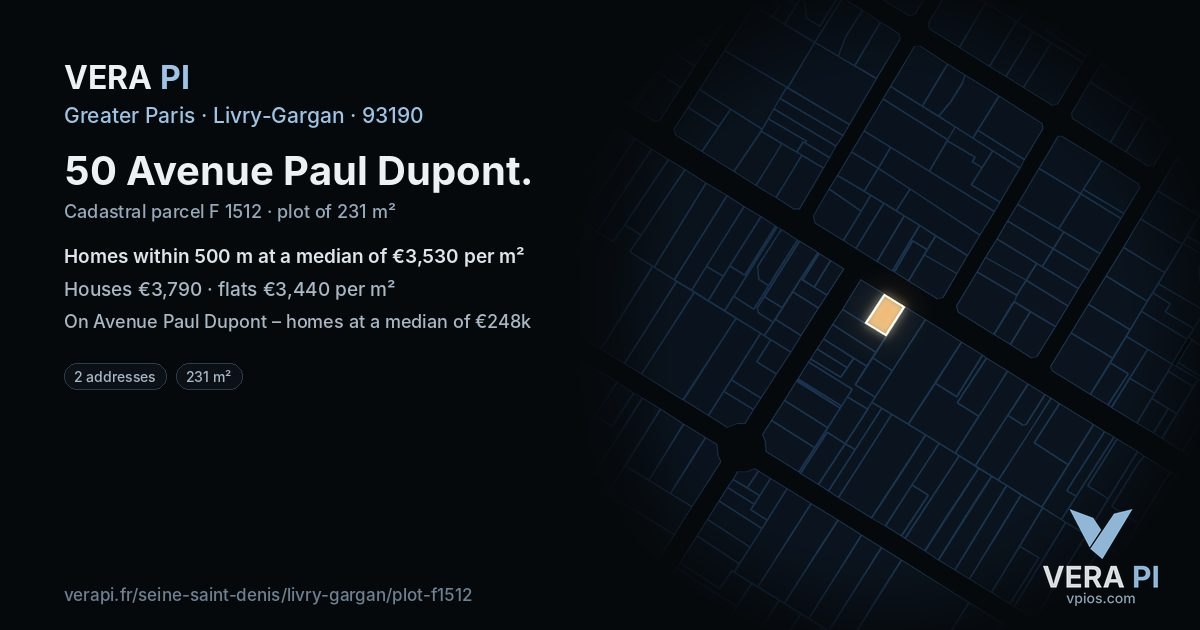 50 Avenue Paul Dupont, Livry-Gargan at night – the plot lit, the parcels around coloured by the prices near them