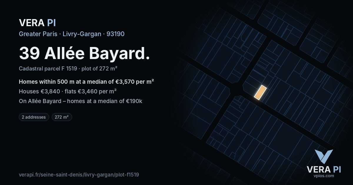 39 Allée Bayard, Livry-Gargan at night – the plot lit, the parcels around coloured by the prices near them