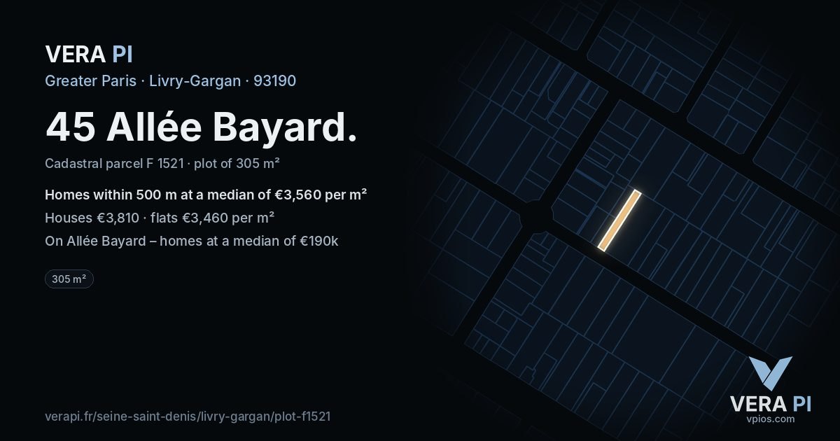 45 Allée Bayard, Livry-Gargan at night – the plot lit, the parcels around coloured by the prices near them