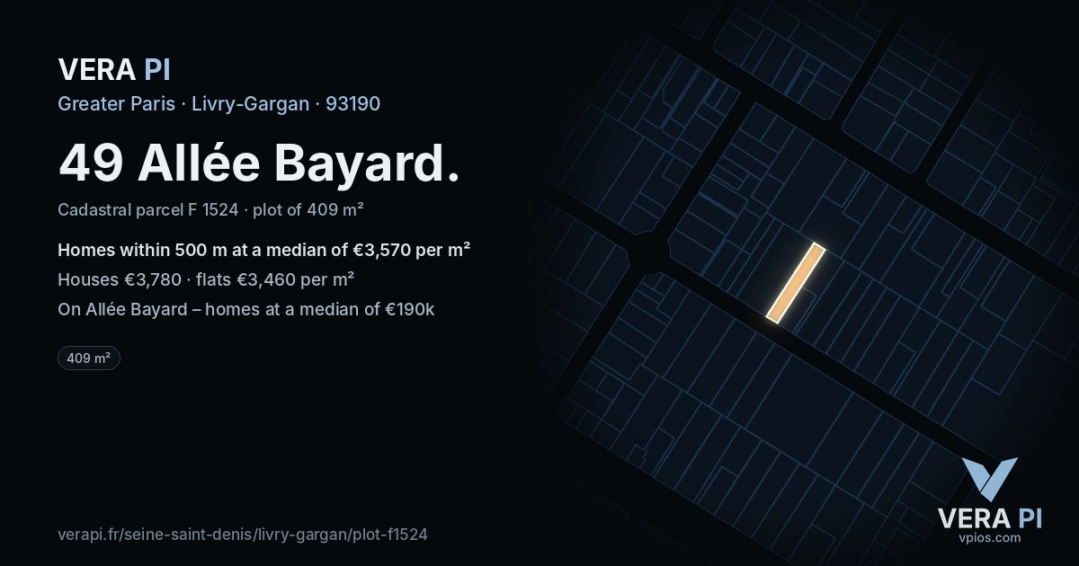 49 Allée Bayard, Livry-Gargan at night – the plot lit, the parcels around coloured by the prices near them