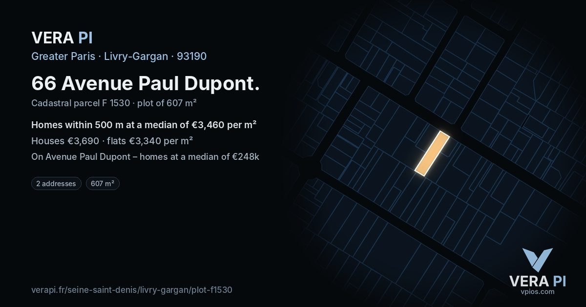 66 Avenue Paul Dupont, Livry-Gargan at night – the plot lit, the parcels around coloured by the prices near them