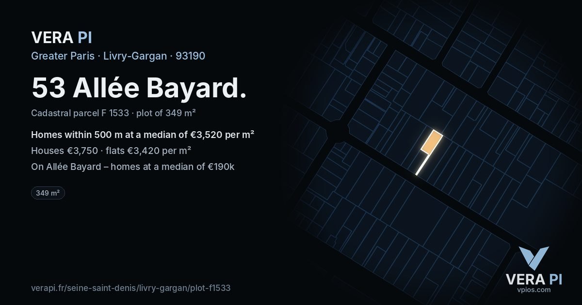 53 Allée Bayard, Livry-Gargan at night – the plot lit, the parcels around coloured by the prices near them
