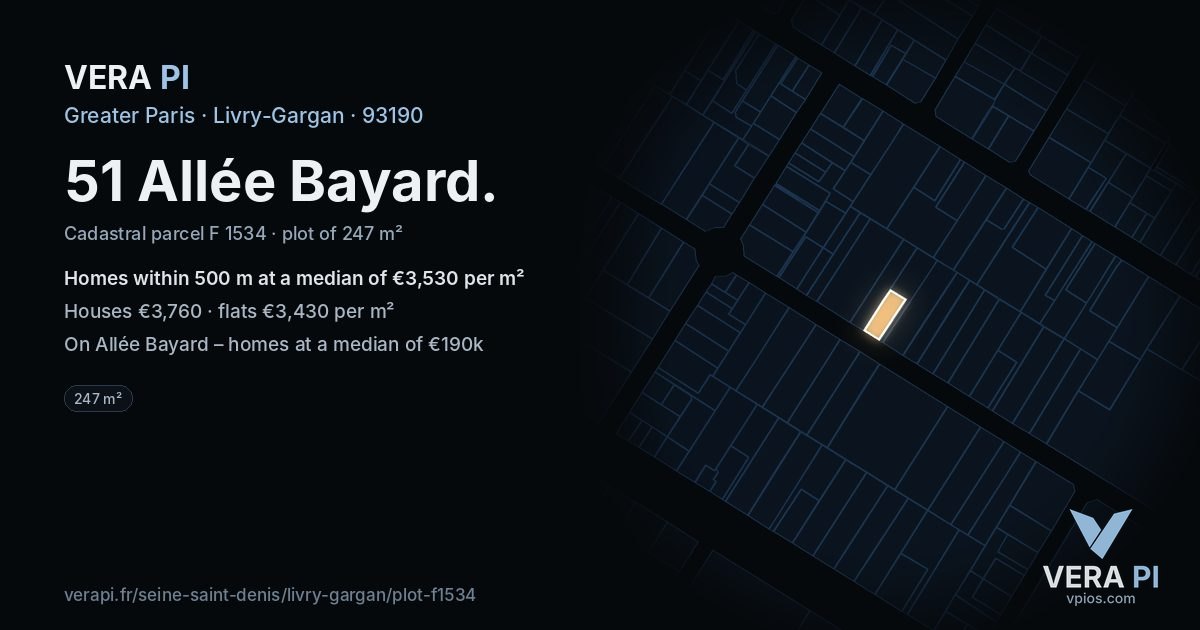 51 Allée Bayard, Livry-Gargan at night – the plot lit, the parcels around coloured by the prices near them