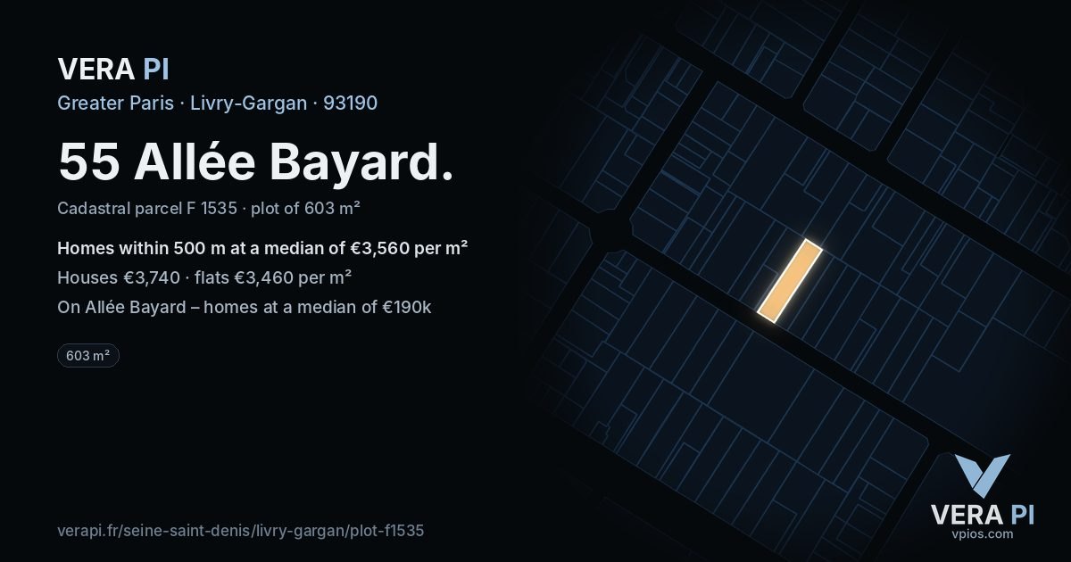 55 Allée Bayard, Livry-Gargan at night – the plot lit, the parcels around coloured by the prices near them