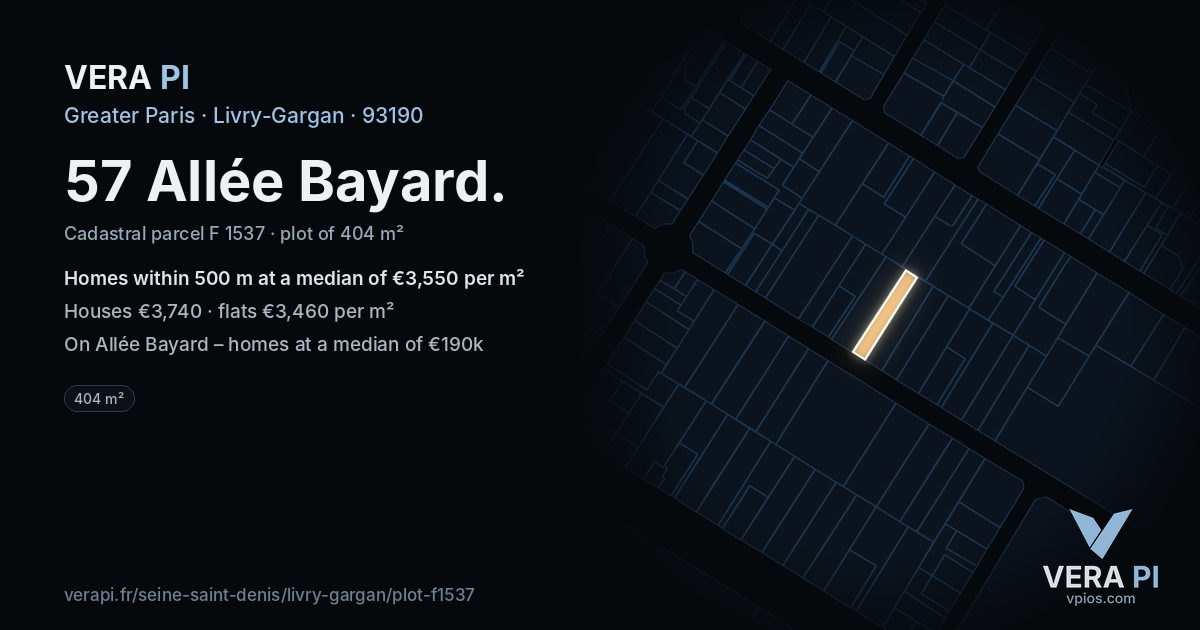 57 Allée Bayard, Livry-Gargan at night – the plot lit, the parcels around coloured by the prices near them
