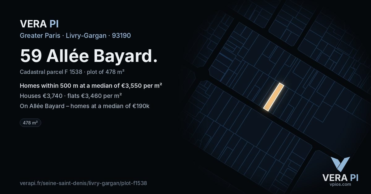 59 Allée Bayard, Livry-Gargan at night – the plot lit, the parcels around coloured by the prices near them