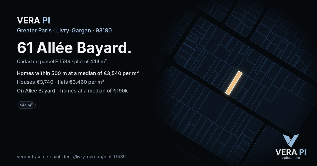 61 Allée Bayard, Livry-Gargan at night – the plot lit, the parcels around coloured by the prices near them