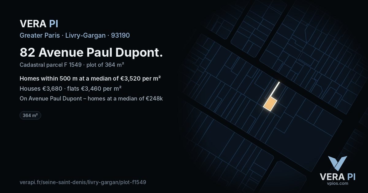82 Avenue Paul Dupont, Livry-Gargan at night – the plot lit, the parcels around coloured by the prices near them