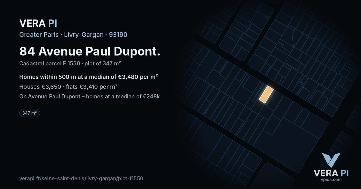 84 Avenue Paul Dupont, Livry-Gargan at night – the plot lit, the parcels around coloured by the prices near them