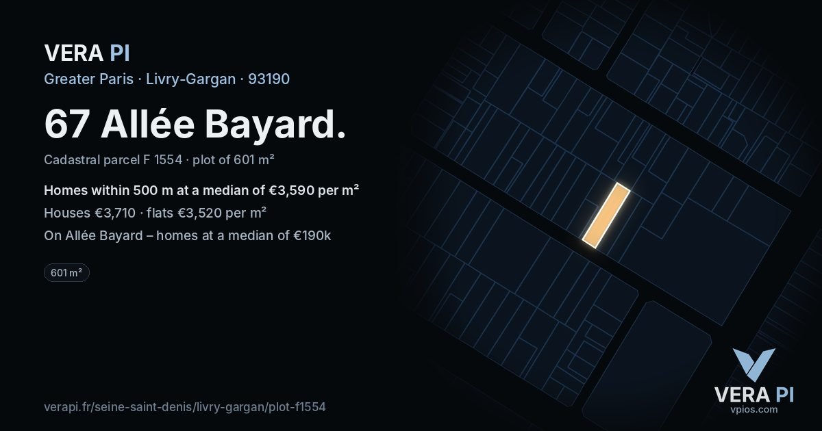 67 Allée Bayard, Livry-Gargan at night – the plot lit, the parcels around coloured by the prices near them