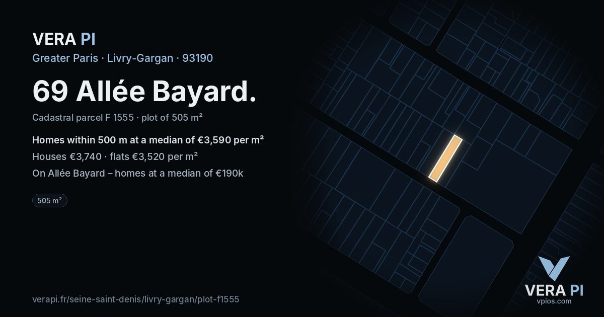 69 Allée Bayard, Livry-Gargan at night – the plot lit, the parcels around coloured by the prices near them