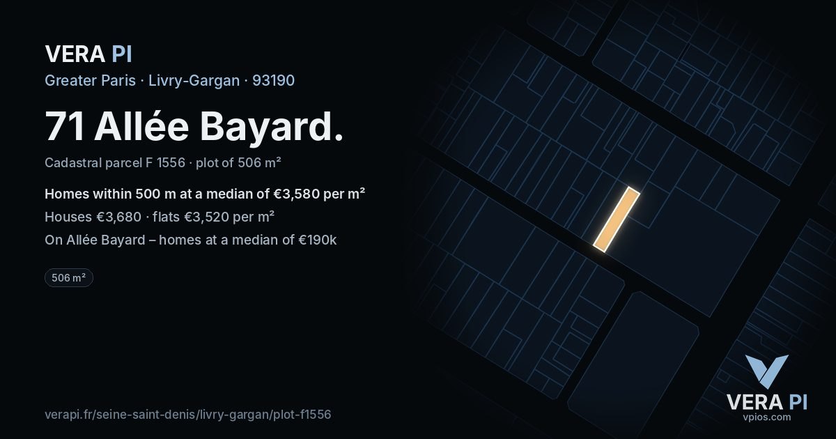 71 Allée Bayard, Livry-Gargan at night – the plot lit, the parcels around coloured by the prices near them