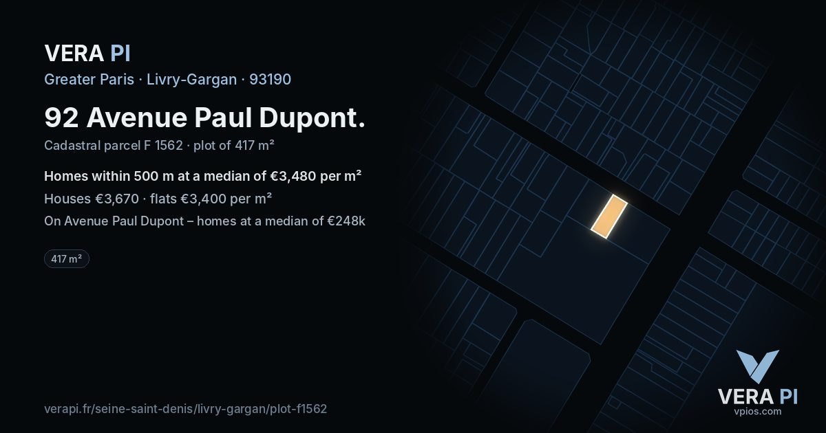 92 Avenue Paul Dupont, Livry-Gargan at night – the plot lit, the parcels around coloured by the prices near them