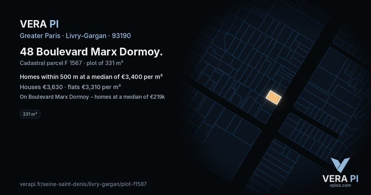 48 Boulevard Marx Dormoy, Livry-Gargan at night – the plot lit, the parcels around coloured by the prices near them