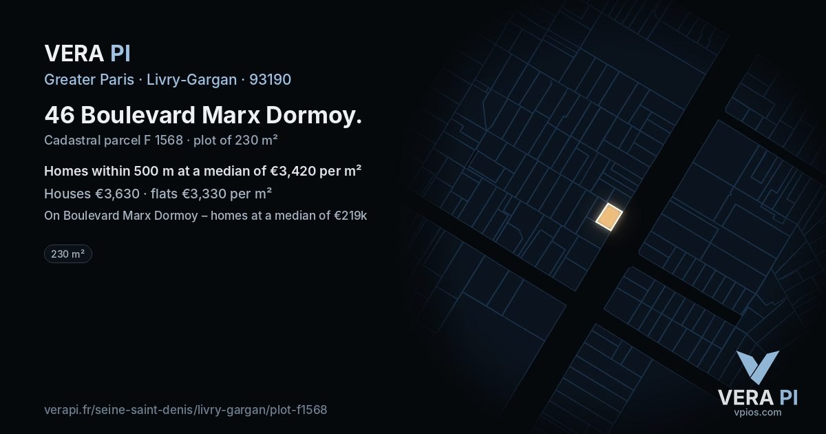 46 Boulevard Marx Dormoy, Livry-Gargan at night – the plot lit, the parcels around coloured by the prices near them