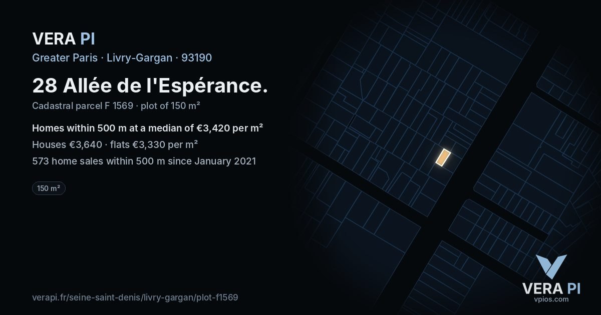 28 Allée de l'Espérance, Livry-Gargan at night – the plot lit, the parcels around coloured by the prices near them