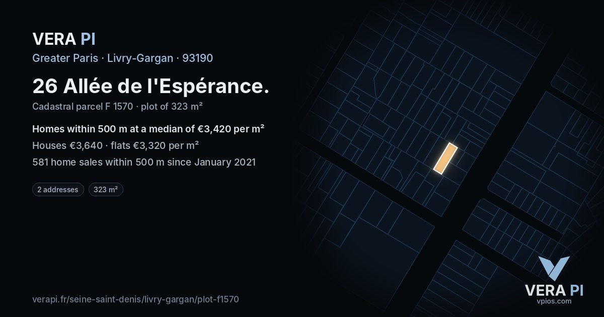 26 Allée de l'Espérance, Livry-Gargan at night – the plot lit, the parcels around coloured by the prices near them