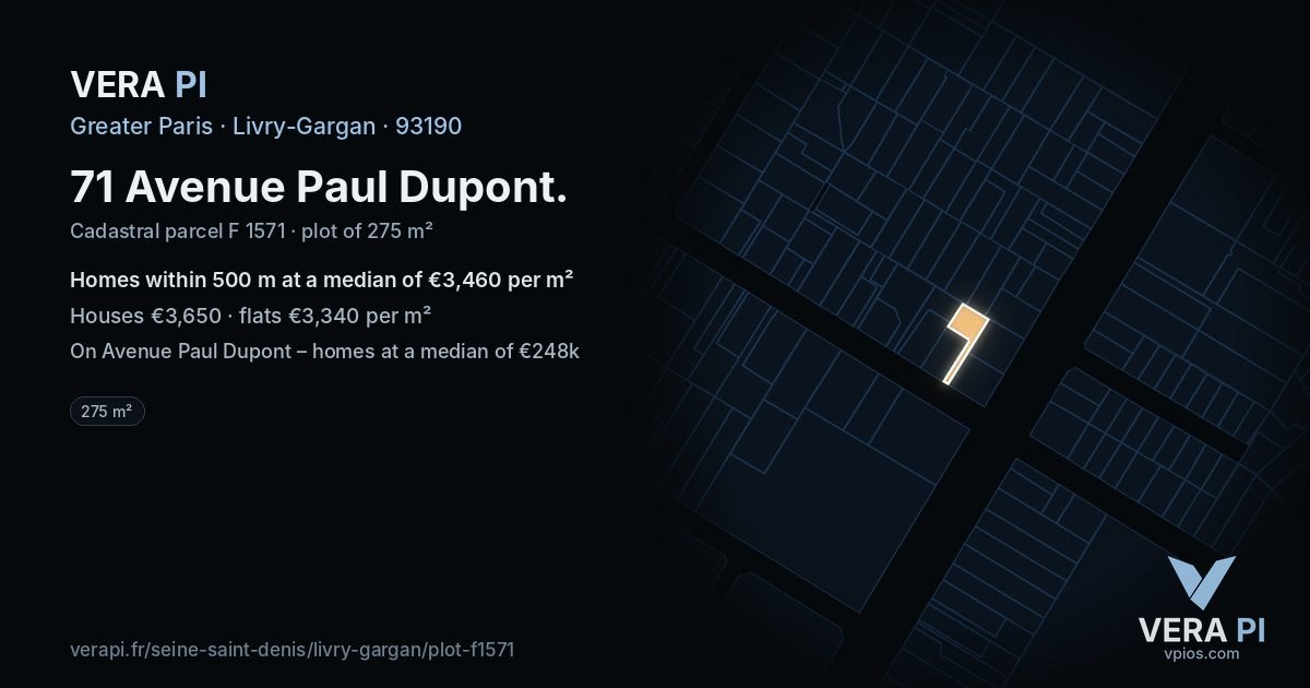71 Avenue Paul Dupont, Livry-Gargan at night – the plot lit, the parcels around coloured by the prices near them