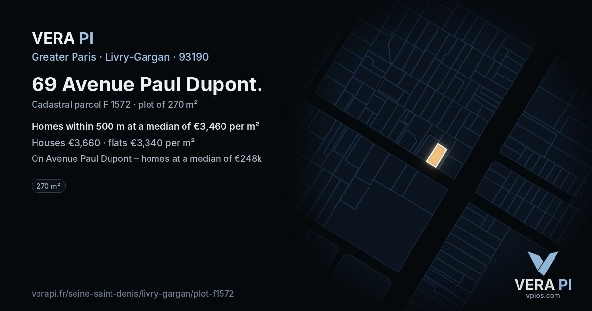 69 Avenue Paul Dupont, Livry-Gargan at night – the plot lit, the parcels around coloured by the prices near them