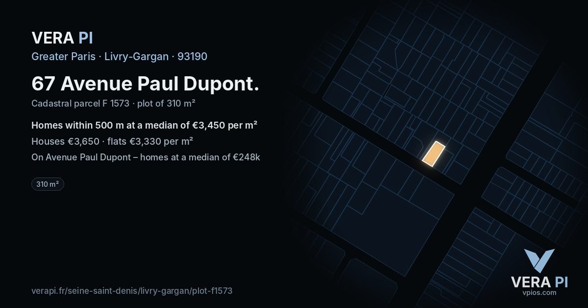 67 Avenue Paul Dupont, Livry-Gargan at night – the plot lit, the parcels around coloured by the prices near them